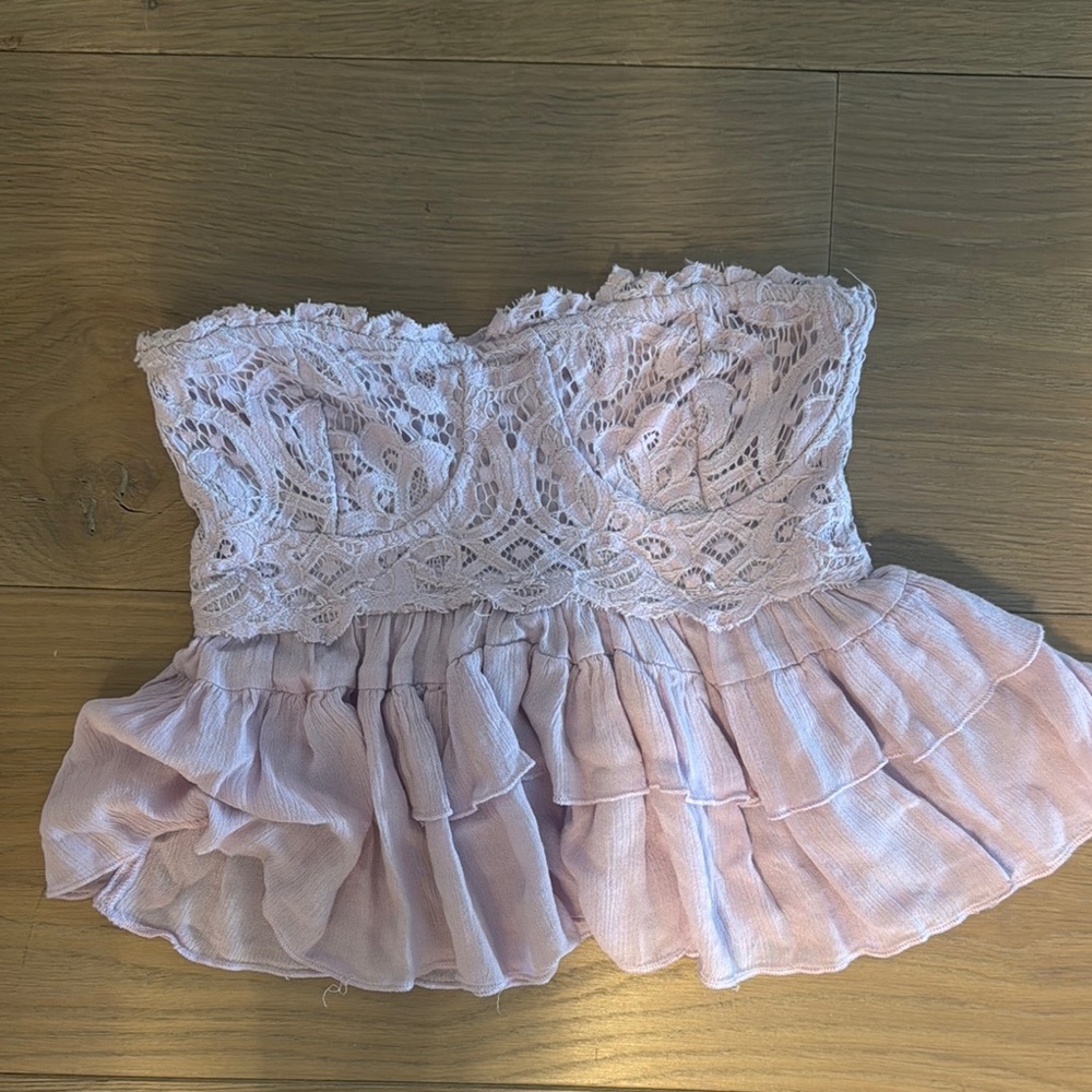 Free People Strapless Lace Ruffle Crop Top - Light Pink